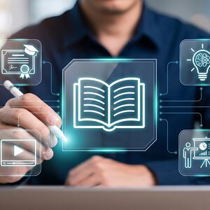schematisches Bild, Mann sitzt vor einem Laptop und klickt mit einem Stift auf diverse grafische digitale Sympbole