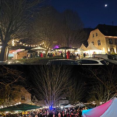2 Bilder mit in der Dunkelheit mit vielen Lichtergirlanden und erleuchteten Zelten und sehr vielen Menschen im Pfarrgarten des Pfarrhauses