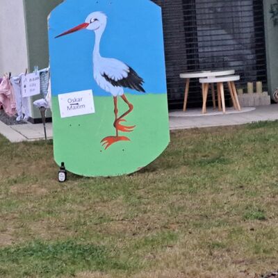 Bild mit einer Wäscheleine auf Wiese vor Haus. Daran hängen Babykleidung. Daneben steht ein gemaltes Bild mit einem Storch und dem Namen Oskar Maxim