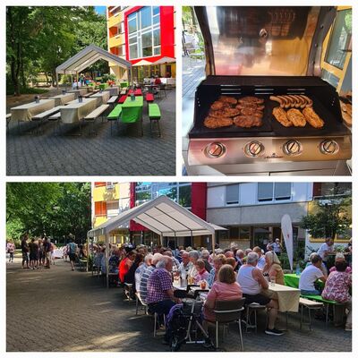 Bildcollage mit 3 Bildern. Ein Bild mit Tischen, Bänken und Zelt vor Hochhaus, ein Bild mit Fleisch auf dem Grill, ein Bild mit vielen Menschen die auf den Bänken an Tischen sitzen