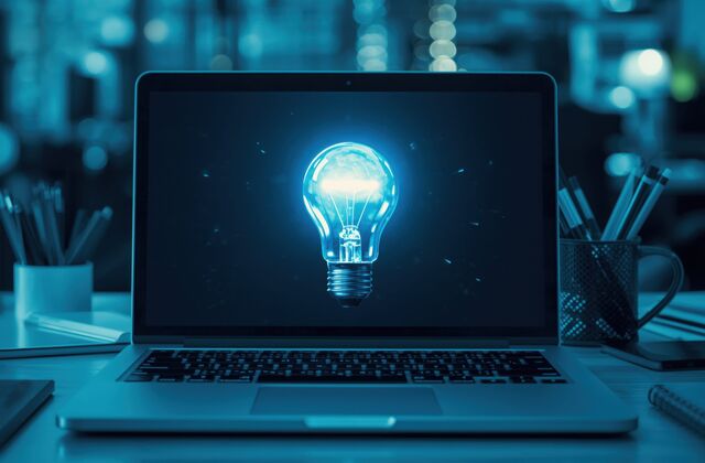 Bild mit aufgeklapptem Laptop, auf dem Bildschirm leuchtet eine Glühbirne