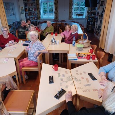 Bild in eien Raum mit mehren Tischen, an denen zehn ältere Männer und Frauen sitzen und Brett- und Kartenspiele spielen.