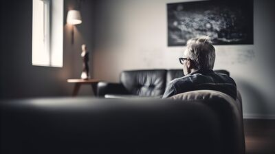 alter Mann sitzt alleine auf Sofa und starrt in den Raum