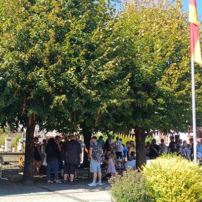 Bild mit vielen Menschen im Schatten unter Bäumen im Vordgrund eine Fahne