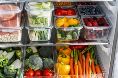 Bild mit geöffnetem Kühlschrank in dem in mehreren durchsichtigen Schublanden diverses Gemüse, Fleisch und Obst liegen