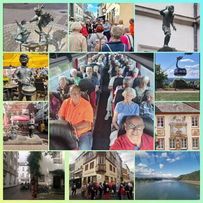 Bildcollage mit älteren Menschen im Bus, als Teilnehmer einer Führung durch Koblenz sowie einige Sehenswürdigkeiten von der Stadt