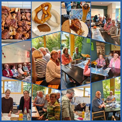 Collage von vielen Bildern eines Herbstfestes mit lachenden Menschen an Tischen, Brezeln und Grillfleisch