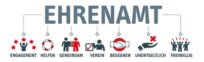 Grafik mit Großbuchstaben Ehrenamt, verschiedene Icons zu Vereins und Ehrenamtsthemen