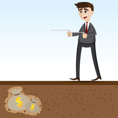 Cartoon-Zeichnung. Mann läuft mit Wünschelrute umher, in der Erde unter ihm liegen 2 Geldsäcke mit Dollar-Zeichen
