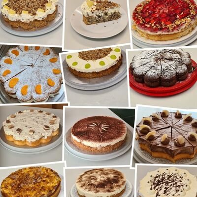 Fotocollage mit 12 gebackenen Kuchen und Torten