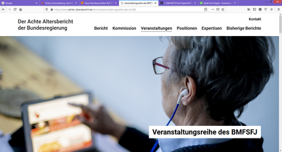 Frau mit Kopfhörern tippt auf Tablet-Bildschirm, Auschnitt von der Webseite zur Veranstaltungreihe des BMFSFJ,