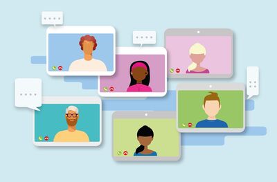 bunte Grafik mit fünf Bilschirmen je mit einem Video-Call-Teilnehmenden