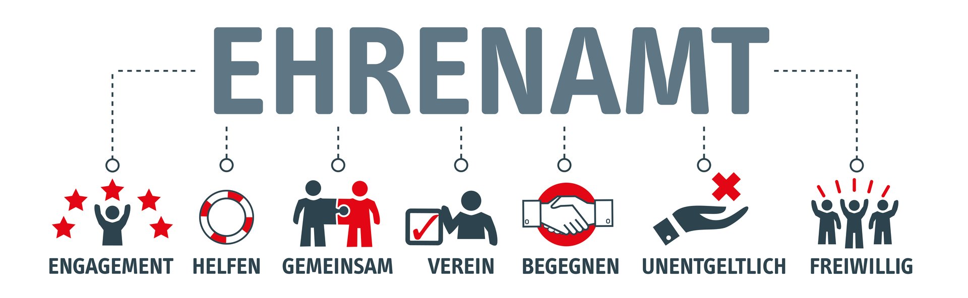 Grafik mit Großbuchstaben Ehrenamt, verschiedene Icons zu Vereins und Ehrenamtsthemen