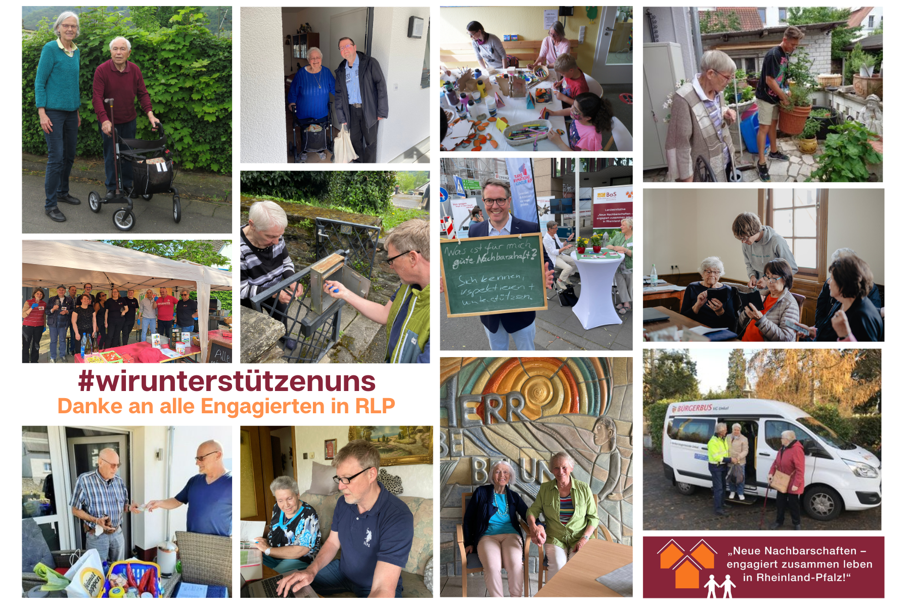 Fotocollage mit unterschiedlichen Paaren von Jung und Alt, Mann und Frau, die einander unterstützen und helfen. Schriftzug: Hashtag Wirunterstützenuns