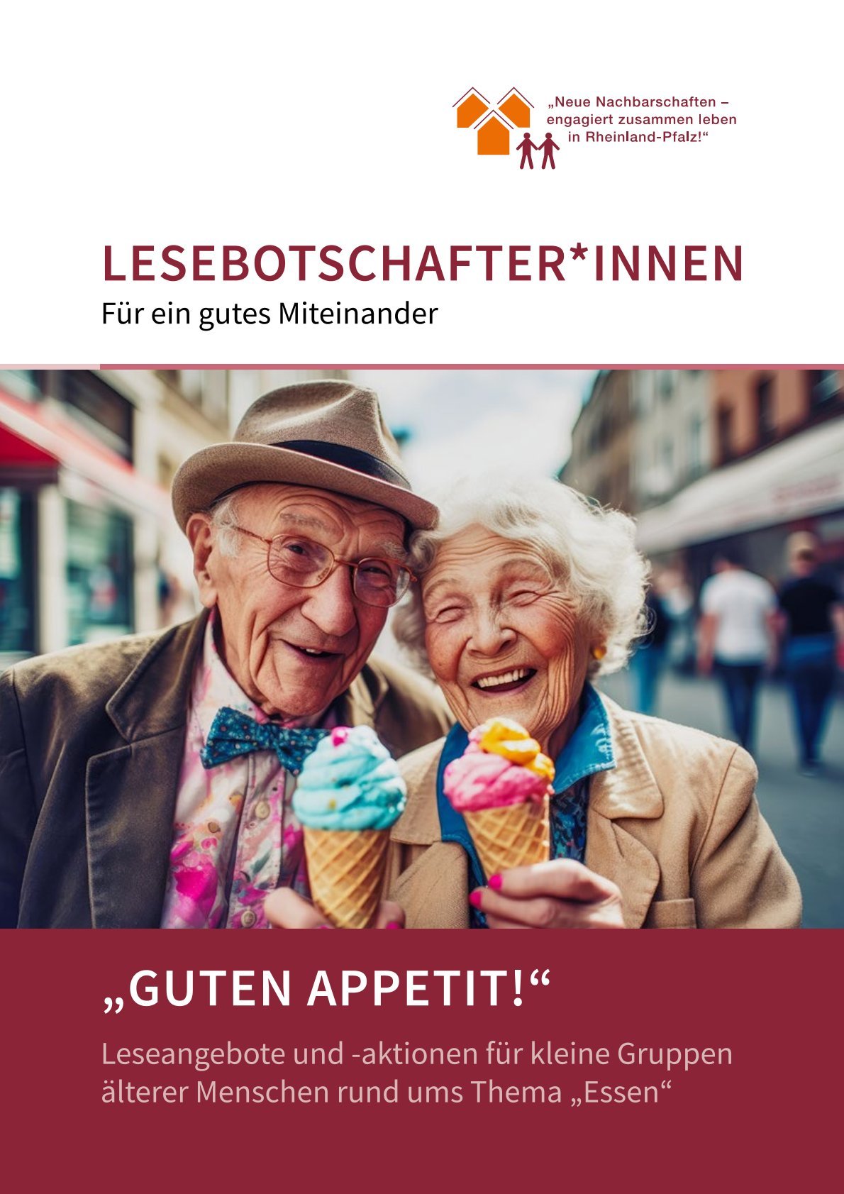 Broschürencover mit einem Bild auf dem ein Senior und eine Seniorin lachend eine Eiswaffel mit Eis halten