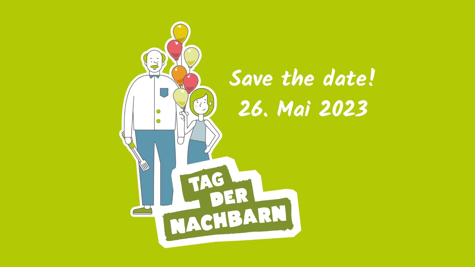Logo mit Schriftzug "Tag der Nachbarn" und Grafik eines Seniors mit Grillzange und Mädchens mit bunten Luftballons auf grünem Hintergrund