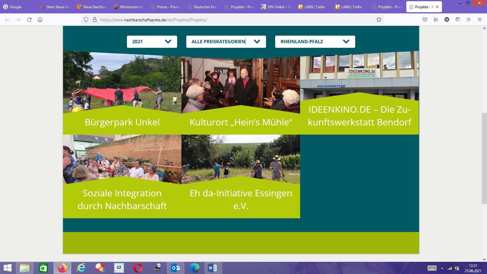 Screenshot von der Webseite mit den fünf nominierten Projekten aus Rheinland-Pfalz