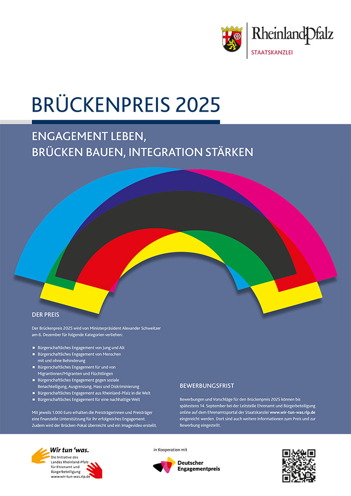 Plakat mit grafischen bunten Brückenbögen und Informationen zum Brückenpris