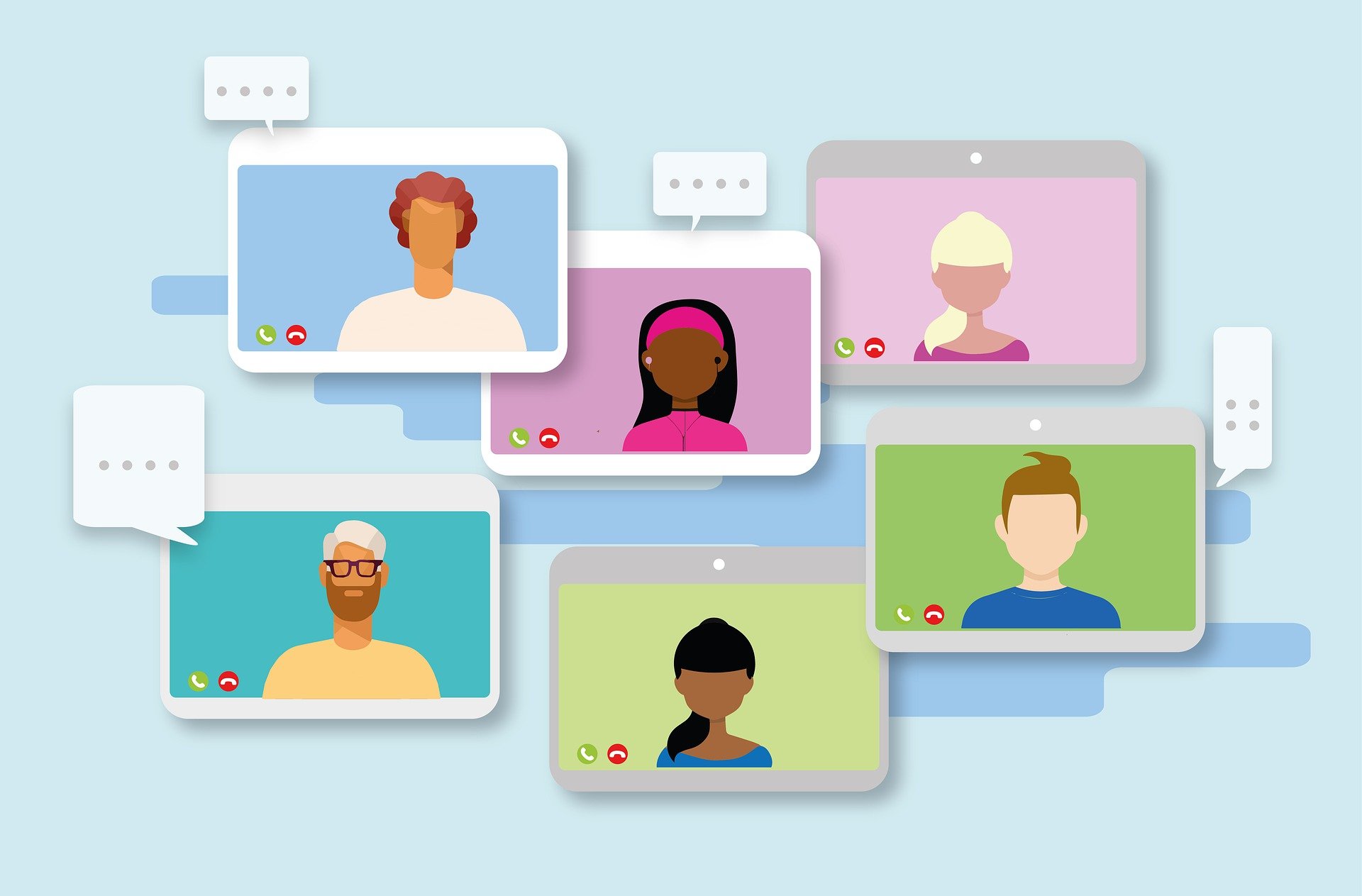 bunte Grafik mit fünf Bilschirmen je mit einem Video-Call-Teilnehmenden