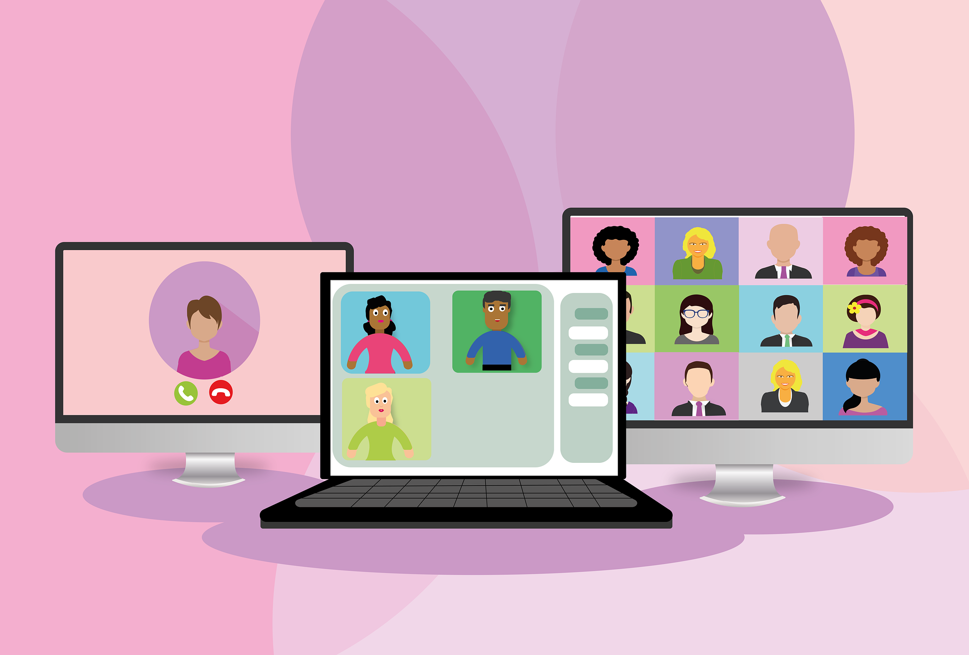 Grafik, ein Laptop und zwei Bildschirme mit diversen Teilnehmenden einer Videokonferenz